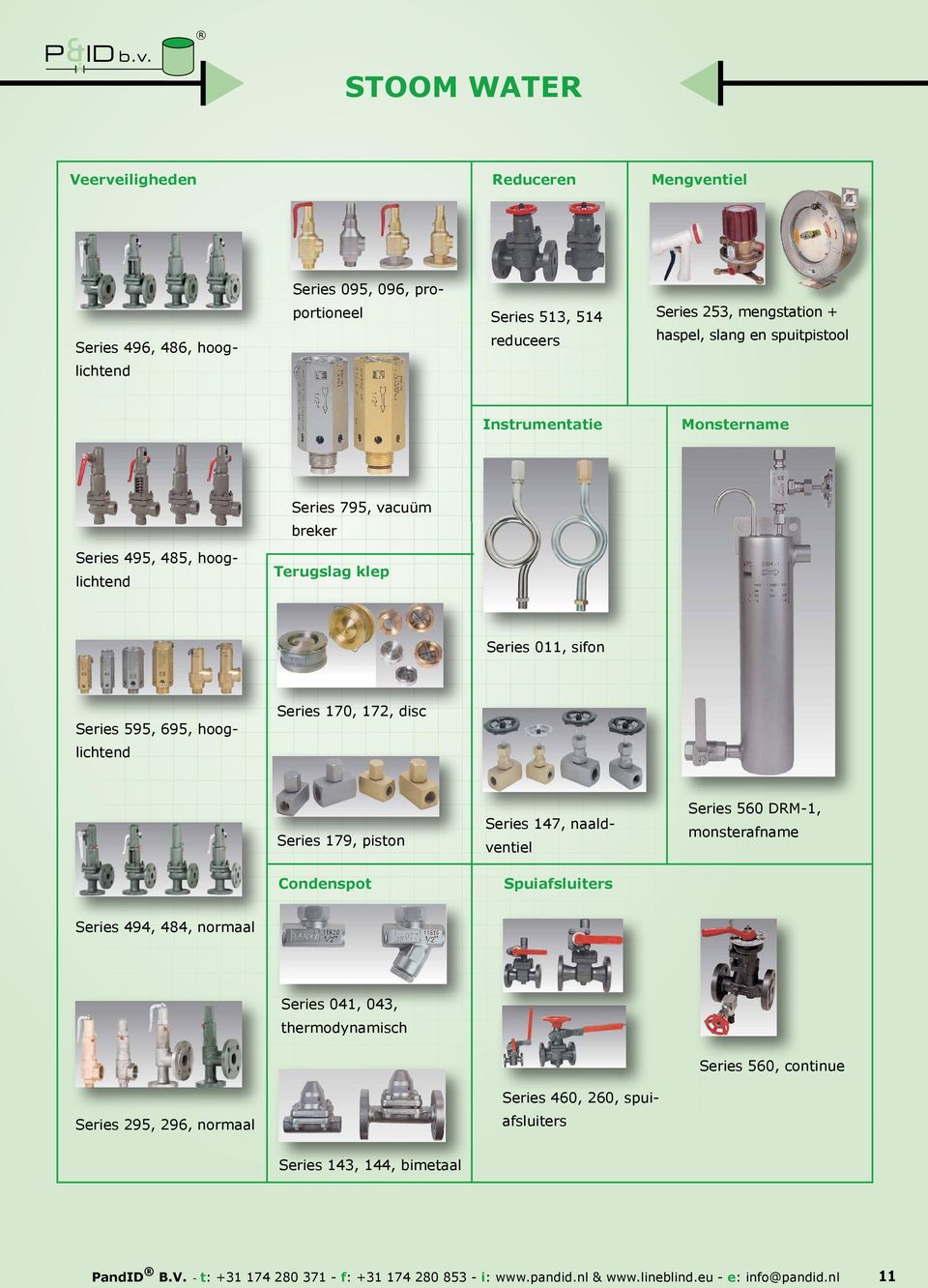 lichtend Series 179, piston Series 147, naaldventiel Series 560 DRM-1, monsterafname Condenspot Spuiafsluiters Series 494, 484, normaal Series 041, 043, thermodynamisch Series 560,