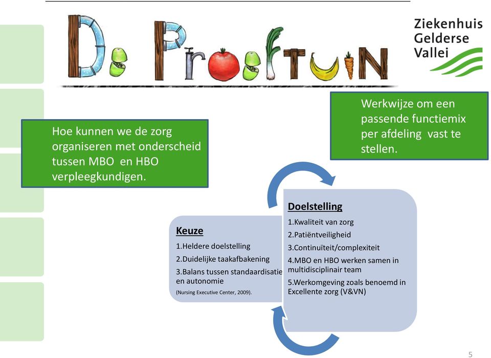 Duidelijke taakafbakening 3.Balans tussen standaardisatie en autonomie (Nursing Executive Center, 2009). Doelstelling 1.