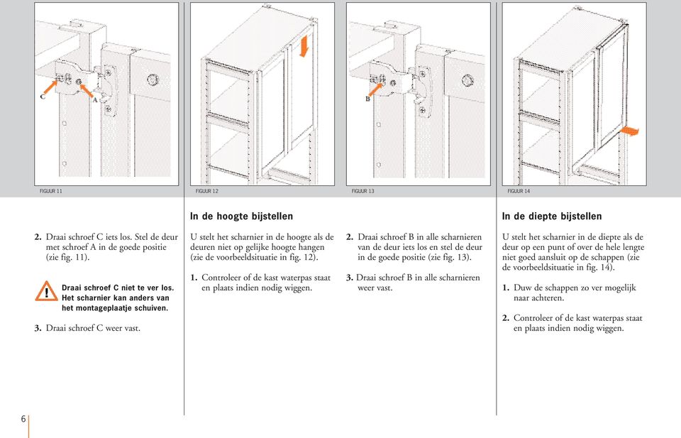 ).. Controleer of de kast waterpas staat en plaats indien nodig wiggen.. Draai schroef B in alle scharnieren van de deur iets los en stel de deur in de goede positie (zie fig. ).