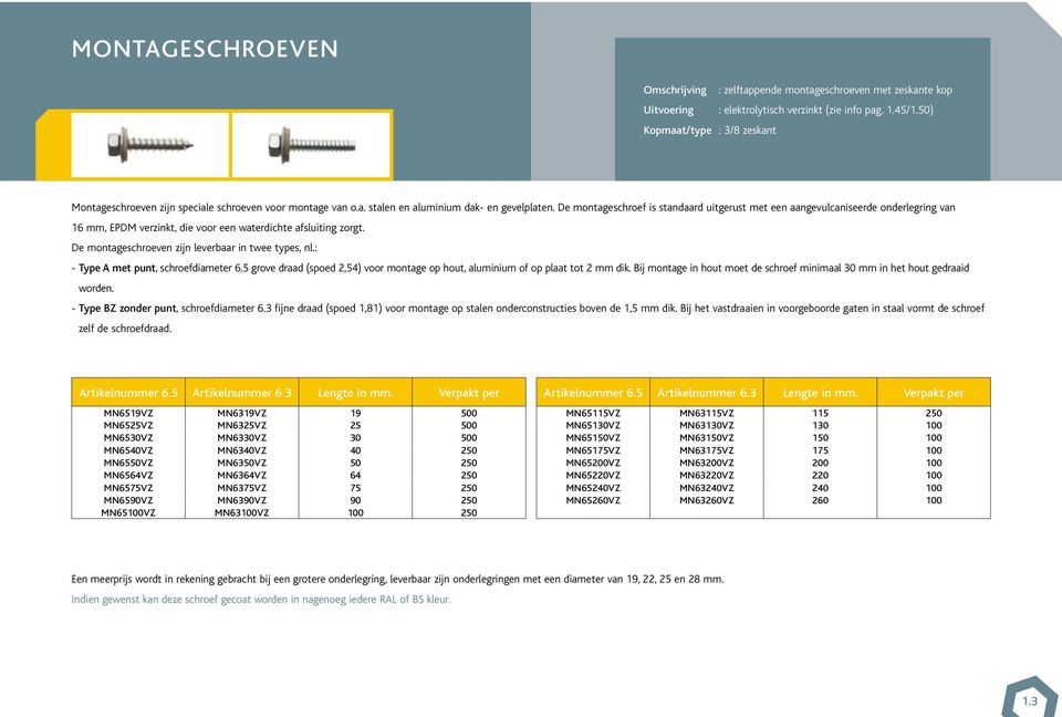 De montageschroef is standaard uitgerust met een aangevulcaniseerde onderlegring van 16, EPDM verzinkt, die voor een waterdichte afsluiting zorgt. De montageschroeven zijn leverbaar in twee types, nl.