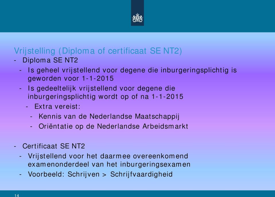 Extra vereist: - Kennis van de Nederlandse Maatschappij - Oriëntatie op de Nederlandse Arbeidsmarkt - Certificaat SE NT2 -