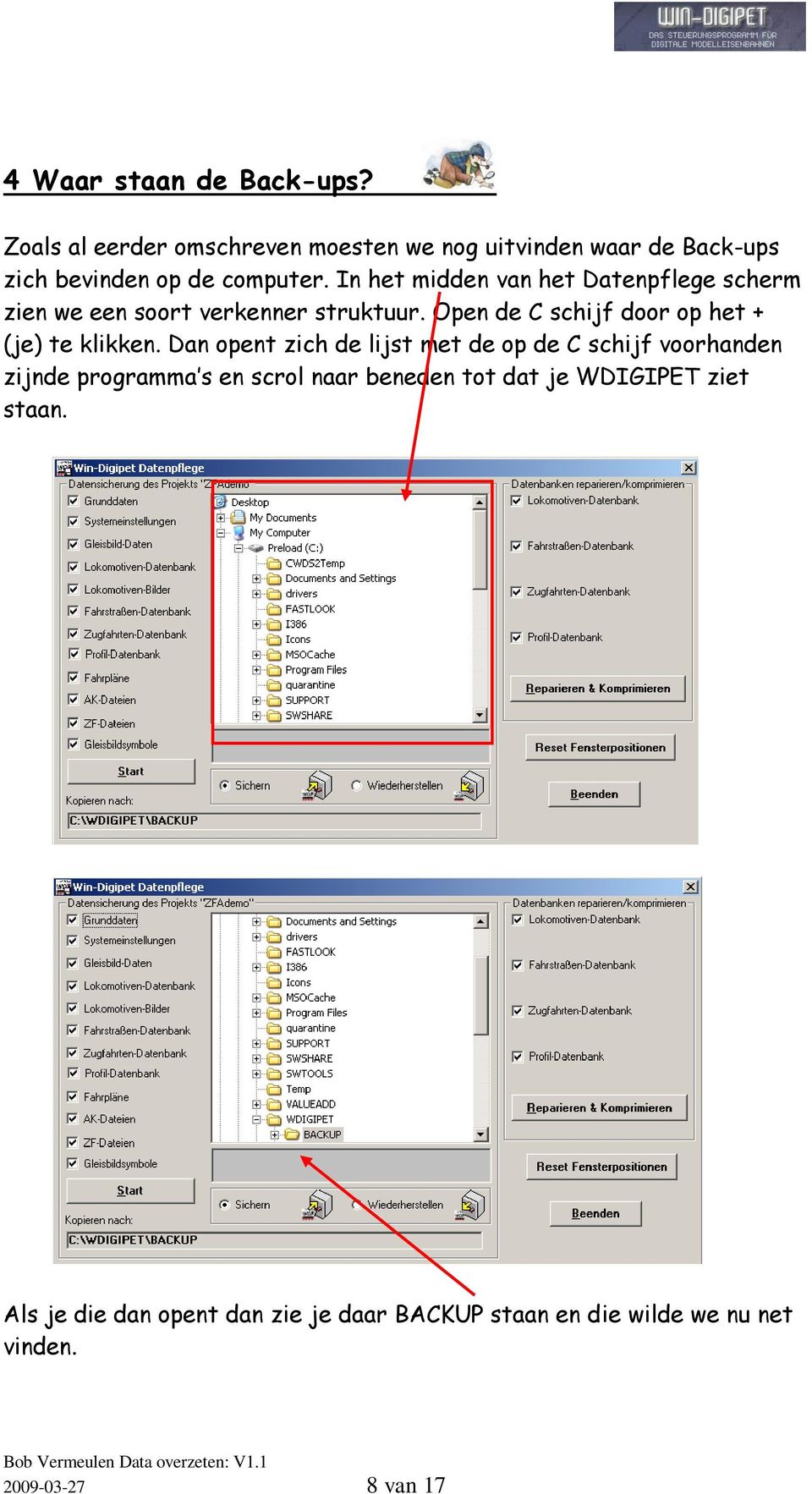 In het midden van het Datenpflege scherm zien we een soort verkenner struktuur.