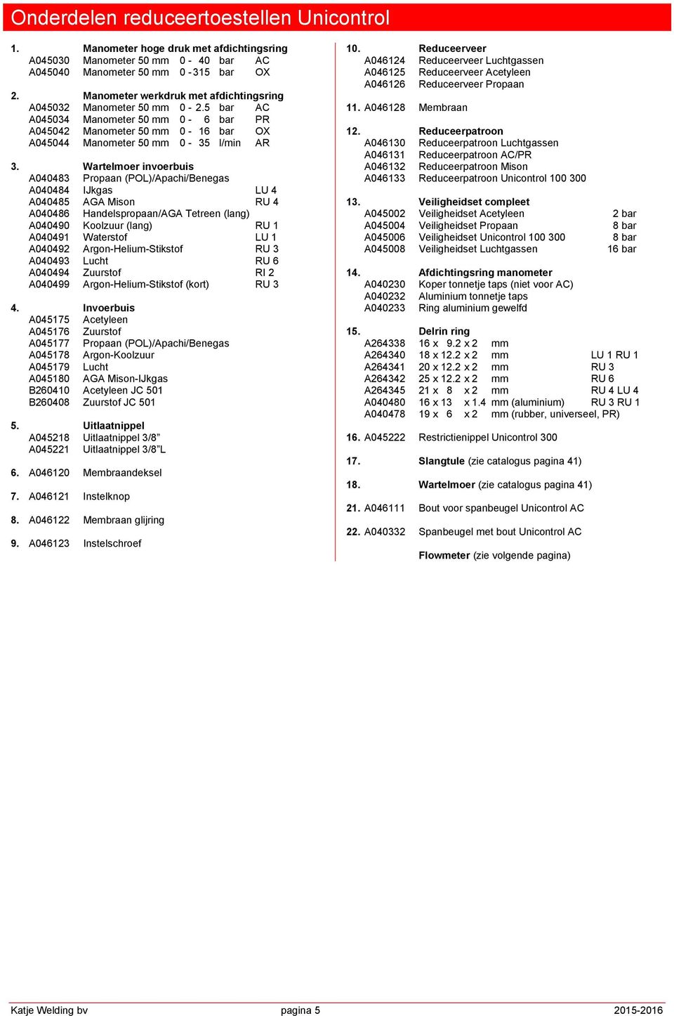 Wartelmoer invoerbuis A040483 Propaan (POL)/Apachi/Benegas A040484 IJkgas LU 4 A040485 AGA Mison RU 4 A040486 Handelspropaan/AGA Tetreen (lang) A040490 Koolzuur (lang) RU 1 A040491 Waterstof LU 1