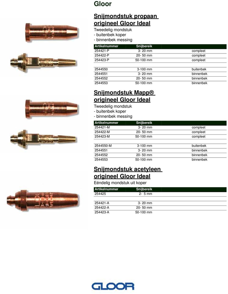 mondstuk - buitenbek koper - binnenbek messing Snijbereik 254421-M 3-20 mm compleet 254422-M 20-50 mm compleet 254423-M 50-100 mm compleet 2544550-M 3-100 mm buitenbek 2544551 3-20 mm binnenbek