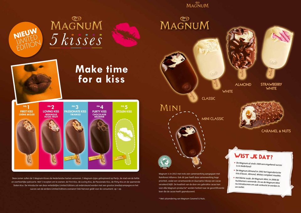 Deze zomer zullen de 5 Magnum Kisses de Nederlandse harten veroveren. 5 Magnum-ijsjes geïnspireerd op Parijs, de stad van de liefde en overheerlijke patisserie.