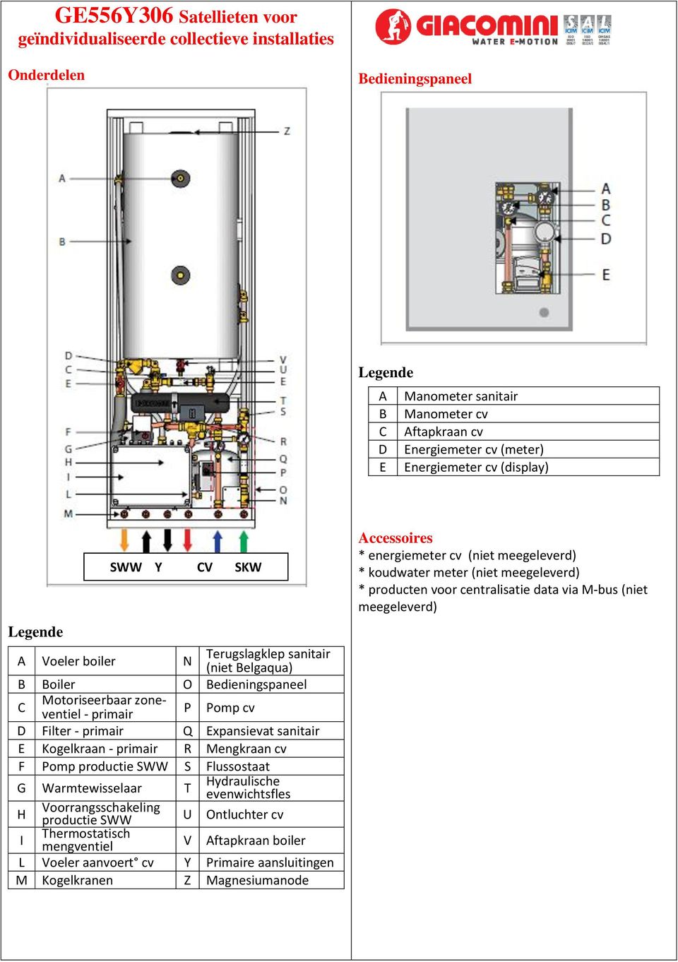 SWW S Flussostaat Hydraulische G Warmtewisselaar T evenwichtsfles H Voorrangsschakeling productie SWW U Ontluchter cv Thermostatisch I mengventiel V Aftapkraan boiler L Voeler aanvoert cv Y