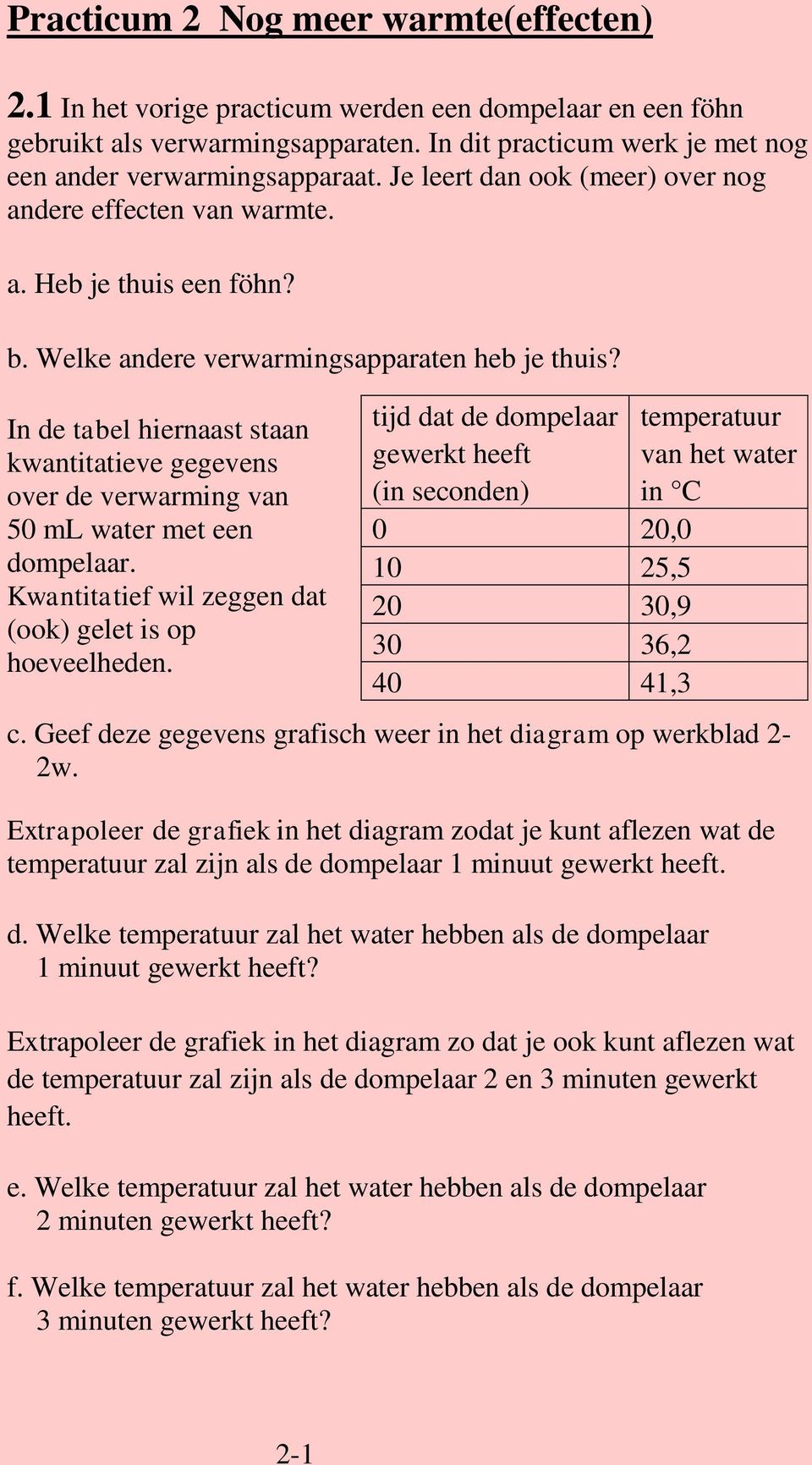 In de tabel hiernaast staan kwantitatieve gegevens over de verwarming van 50 ml water met een dompelaar. Kwantitatief wil zeggen dat (ook) gelet is op hoeveelheden.