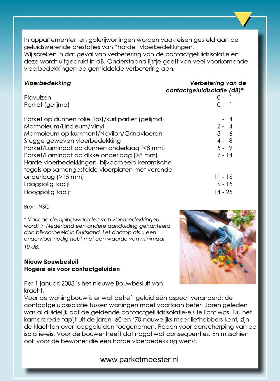 Vloerbedekking Verbetering van de contactgeluidisolatie (db)* Plavuizen 0-1 Parket (gelijmd) 0-1 Parket op dunnen folie (los)/kurkparket (gelijmd) 1-4 Mormoleum/Linoleum/Vinyl 2-4 Marmoleum op