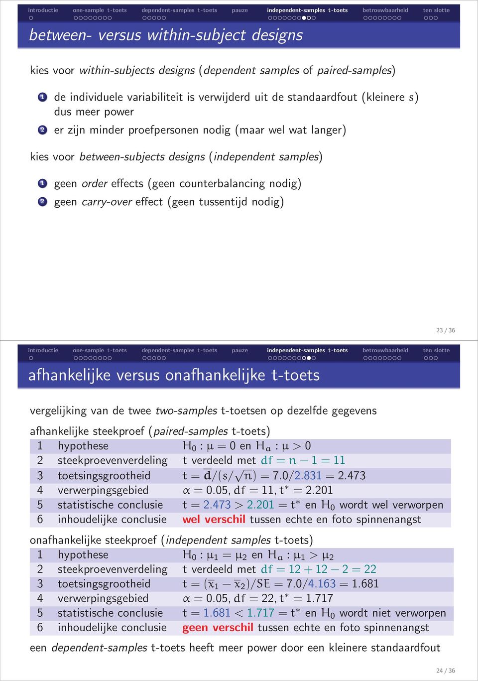 (geen tussentijd nodig) 23/36 afhankelijke versus onafhankelijke t-toets vergelijking van de twee two-samples t-toetsen op dezelfde gegevens afhankelijke steekproef (paired-samples t-toets) 1