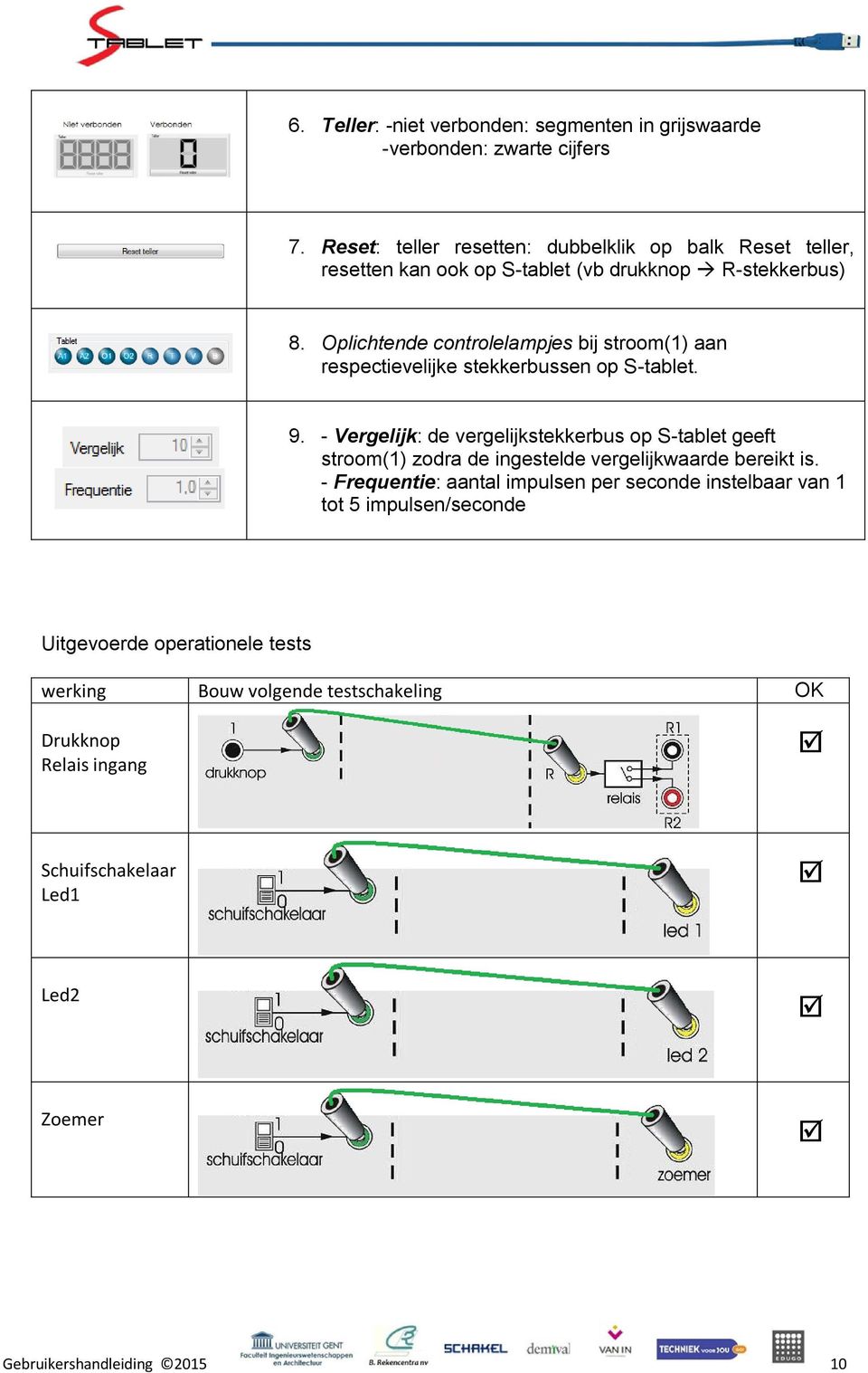 Oplichtende controlelampjes bij stroom(1) aan respectievelijke stekkerbussen op S-tablet. 9.