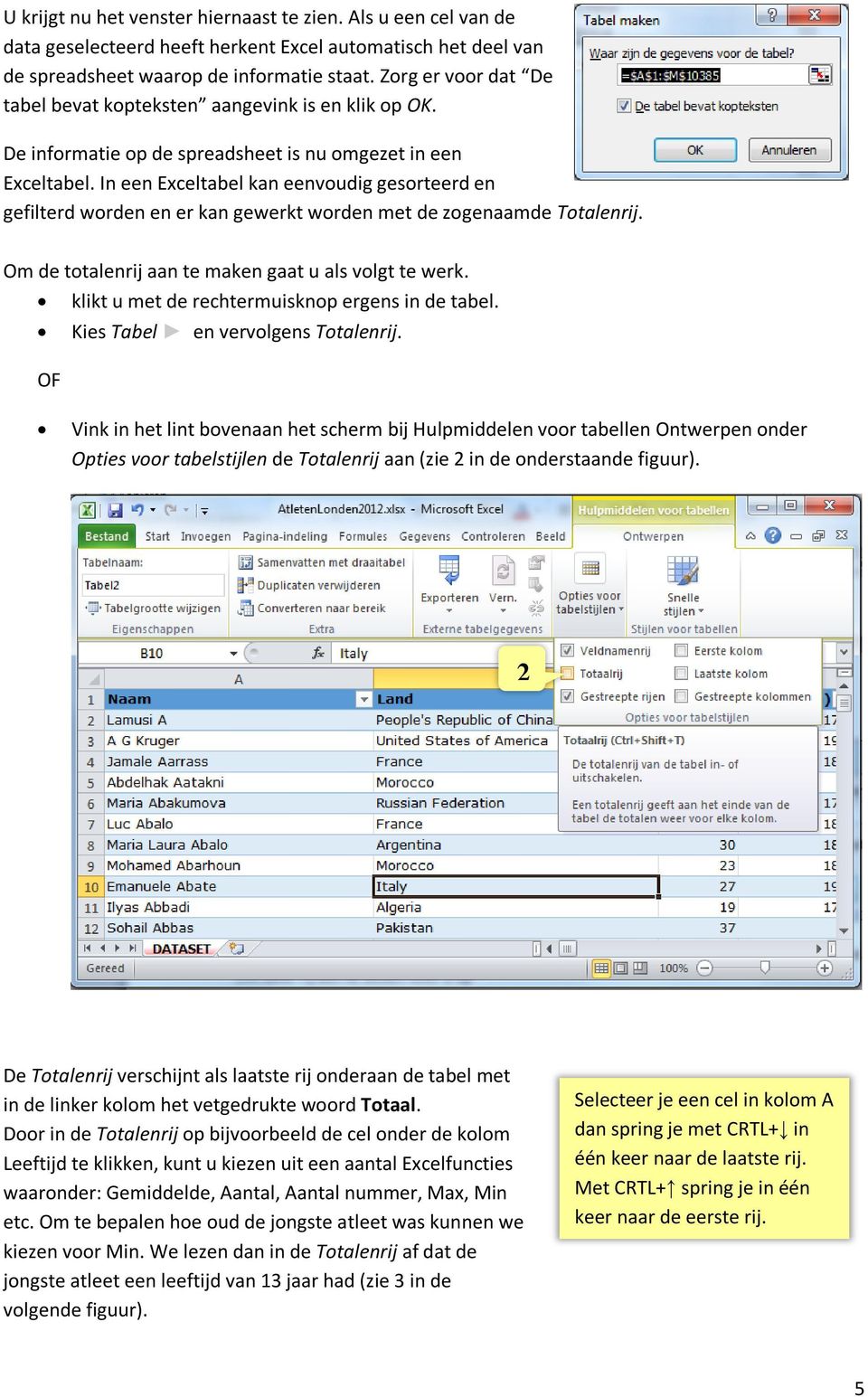 In een Exceltabel kan eenvoudig gesorteerd en gefilterd worden en er kan gewerkt worden met de zogenaamde Totalenrij. Om de totalenrij aan te maken gaat u als volgt te werk.