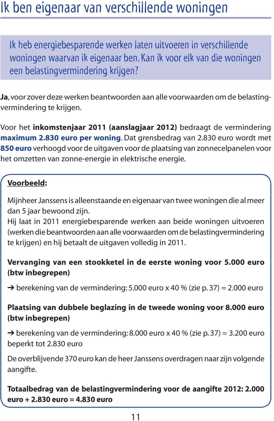 Voor het inkomstenjaar 2011 (aanslagjaar 2012) bedraagt de vermindering maximum 2.830 euro per woning. Dat grensbedrag van 2.
