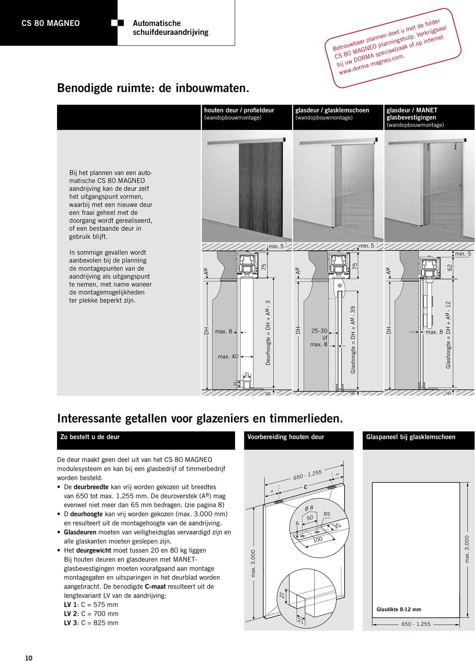 houten deur / profieldeur (wandopbouwmontage) glasdeur / glasklemschoen (wandopbouwmontage) glasdeur / MANET glasbevestigingen (wandopbouwmontage) Bij het plannen van een automatische CS 80 MAGNEO