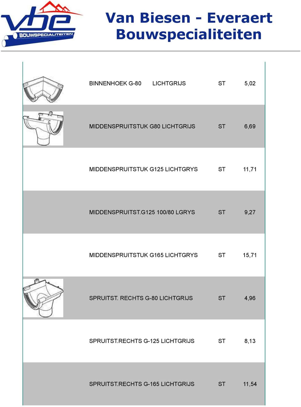 G125 100/80 LGRYS ST 9,27 MIDDENSPRUITSTUK G165 LICHTGRYS ST 15,71 SPRUITST.