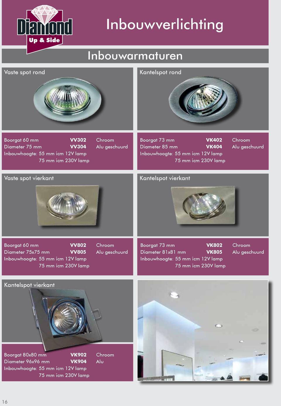 mm VV802 Diameter 75x75 mm VV805 Inbouwhoogte: 55 mm icm 12V lamp 75 mm icm 230V lamp Chroom Alu geschuurd Boorgat 73 mm VK802 Diameter 81x81 mm VK805 Inbouwhoogte: 55 mm icm