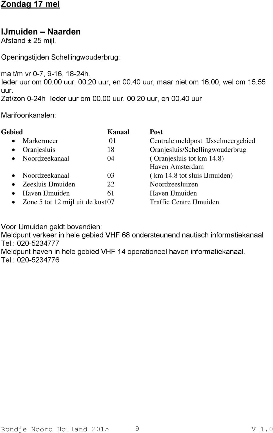 40 uur Marifoonkanalen: Gebied Kanaal Post Markermeer 01 Centrale meldpost IJsselmeergebied Oranjesluis 18 Oranjesluis/Schellingwouderbrug Noordzeekanaal 04 ( Oranjesluis tot km 14.