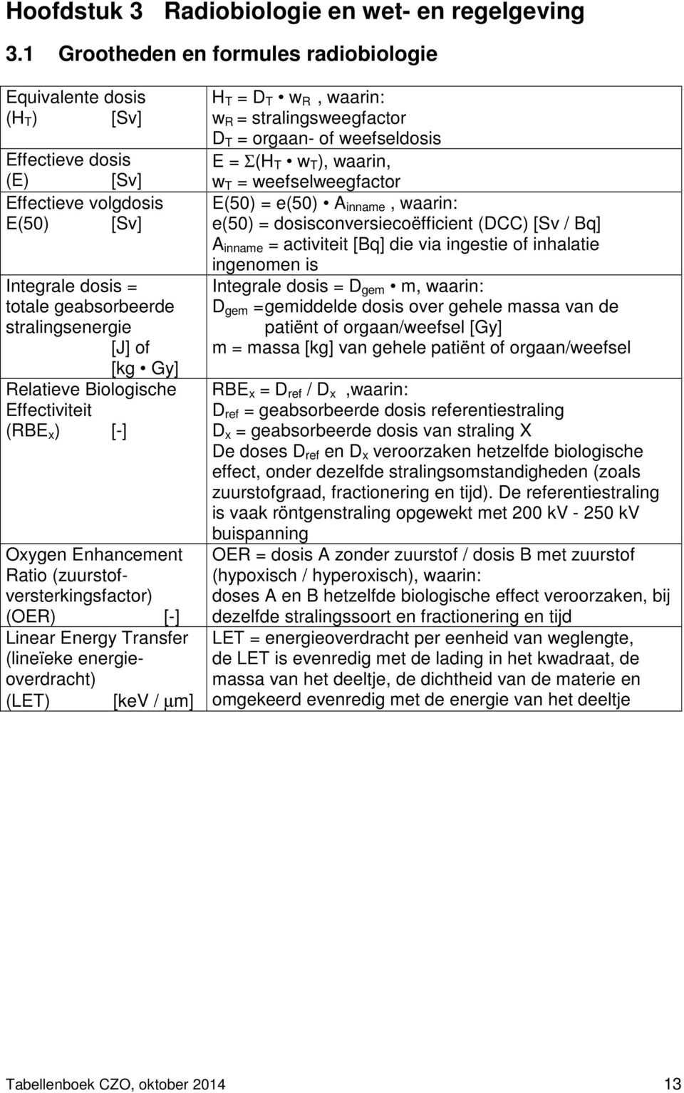 Relatieve Biologische Effectiviteit (RBE x ) [-] Oxygen Enhancement Ratio (zuurstofversterkingsfactor) (OER) [-] Linear Energy Transfer (lineïeke energieoverdracht) (LET) [kev / µm] H T = D T w R,