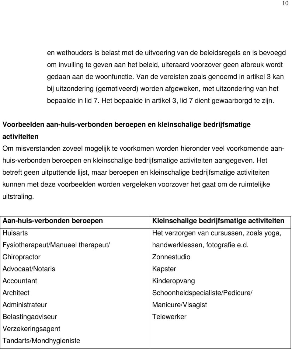 Voorbeelden aan-huis-verbonden beroepen en kleinschalige bedrijfsmatige activiteiten Om misverstanden zoveel mogelijk te voorkomen worden hieronder veel voorkomende aanhuis-verbonden beroepen en