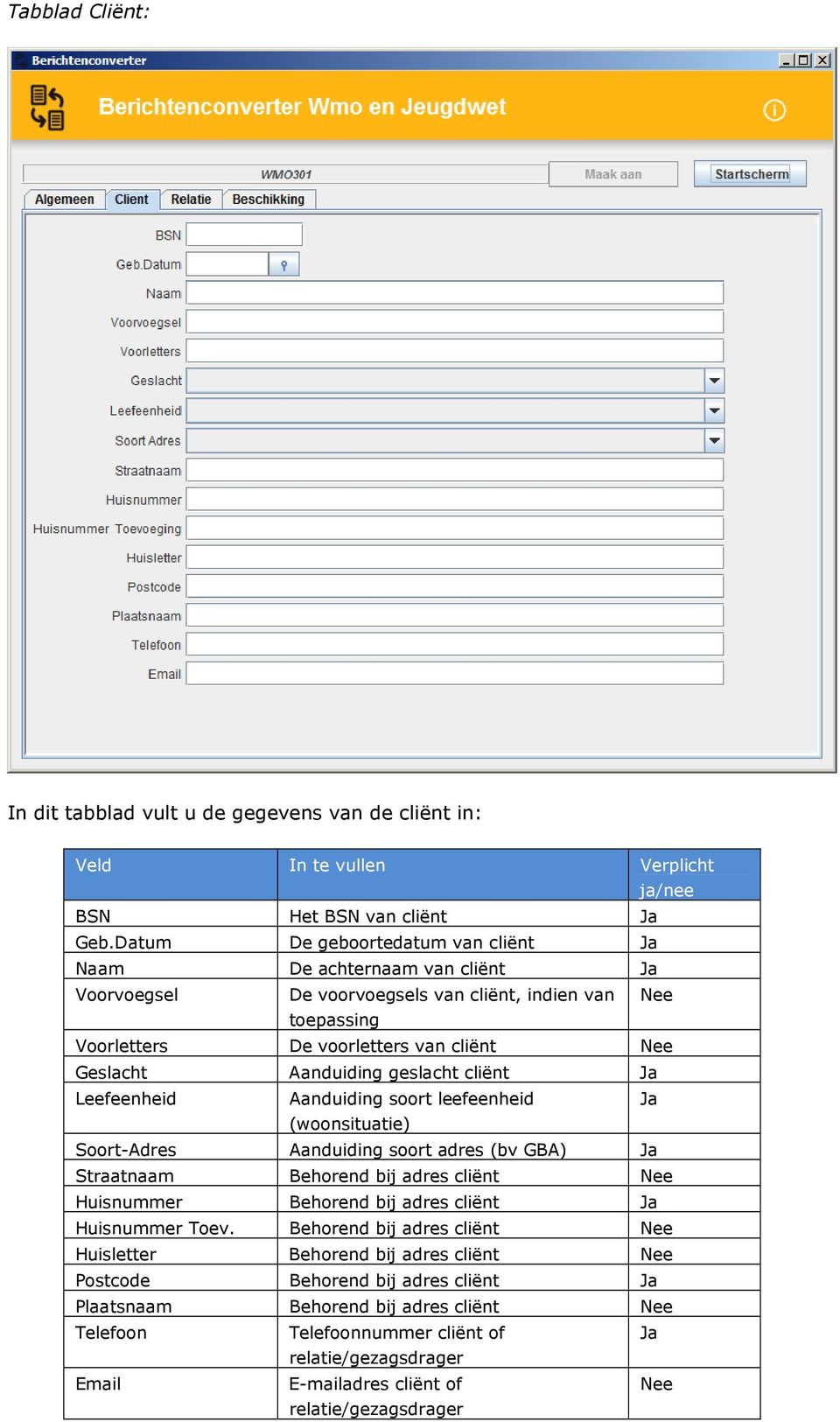 geslacht cliënt Ja Leefeenheid Aanduiding soort leefeenheid Ja (woonsituatie) Soort-Adres Aanduiding soort adres (bv GBA) Ja Straatnaam Behorend bij adres cliënt Nee Huisnummer Behorend bij adres