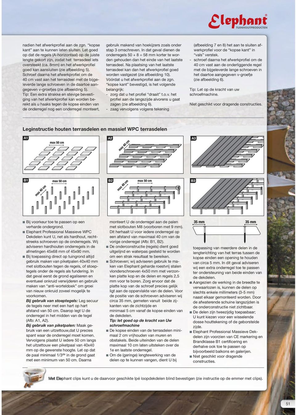 Schroef daarna het afwerkprofiel om de 40 cm vast aan het terrasdeel met de bijgeleverde lange schroeven in de daartoe aangegeven v-groefjes (zie afbeelding 5).