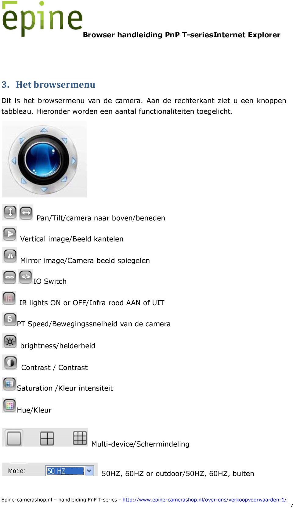 Pan/Tilt/camera naar boven/beneden Vertical image/beeld kantelen Mirror image/camera beeld spiegelen IO Switch IR lights ON or