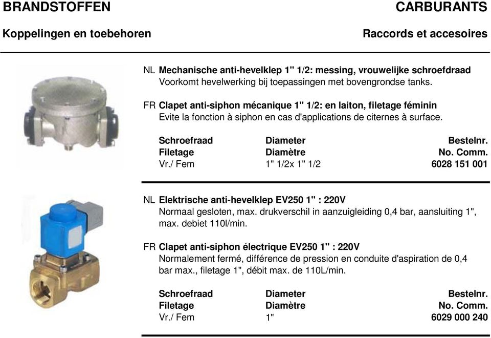 / Fem 1" 1/2x 1" 1/2 6028 151 001 NL Elektrische anti-hevelklep EV250 1" : 220V Normaal gesloten, max. drukverschil in aanzuigleiding 0,4 bar, aansluiting 1", max. debiet 110l/min.