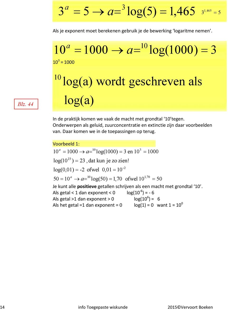 Daar komen we in de toepassingen op terug. Voorbeeld 1: a = 00 a= log( log(00) = en ) =,dat kun jezozien!