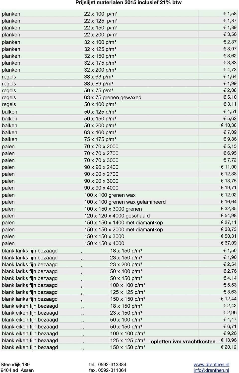 4,51 balken 50 x 150 p/m¹ 5,62 balken 50 x 200 p/m¹ 10,38 balken 63 x 160 p/m¹ 7,09 balken 75 x 175 p/m¹ 9,86 palen 70 x 70 x 2000 5,15 palen 70 x 70 x 2700 6,95 palen 70 x 70 x 3000 7,72 palen 90 x
