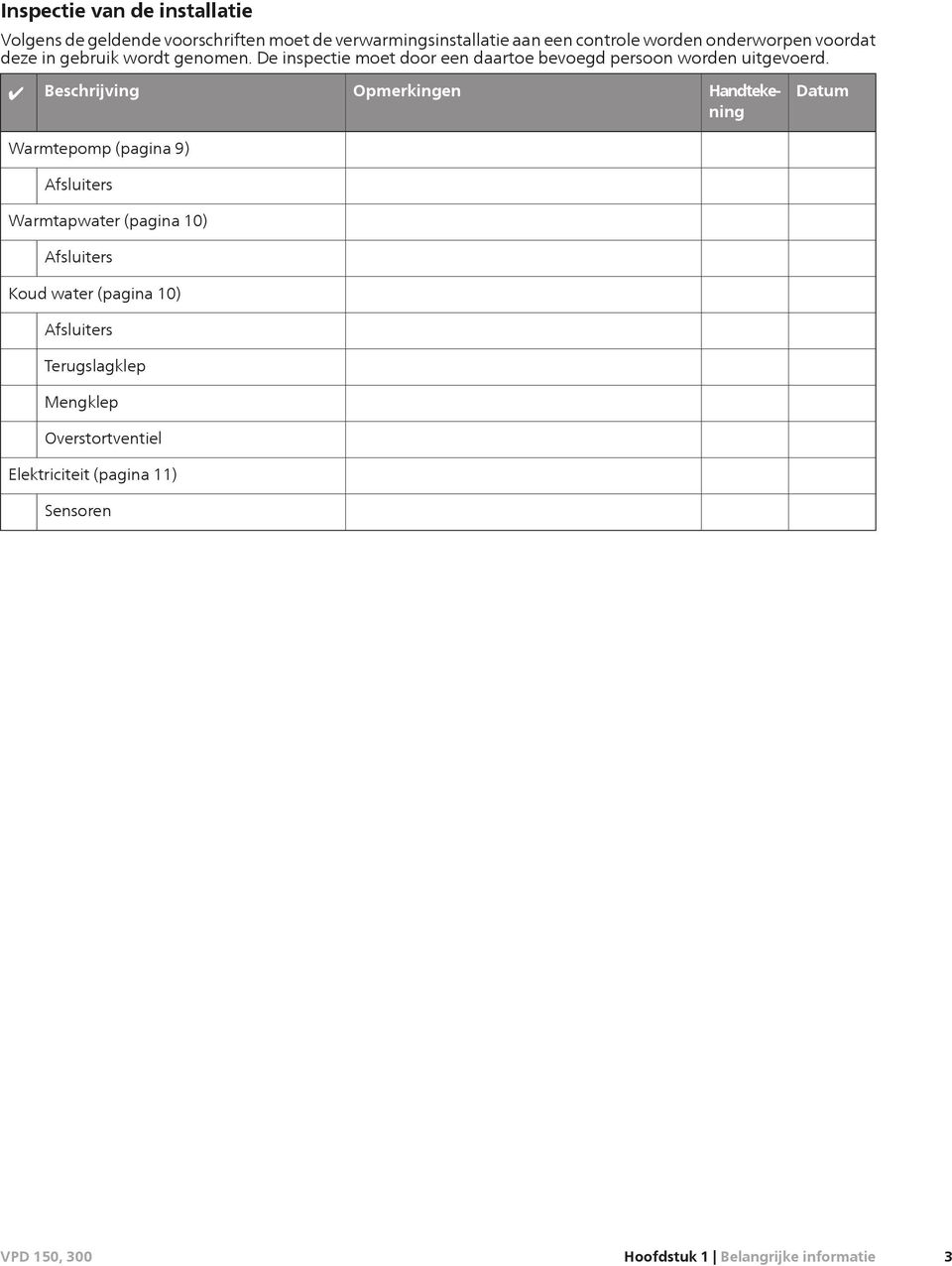 Beschrijving Opmerkingen Handtekening Datum Warmtepomp (pagina 9) Afsluiters Warmtapwater (pagina 10) Afsluiters Koud water