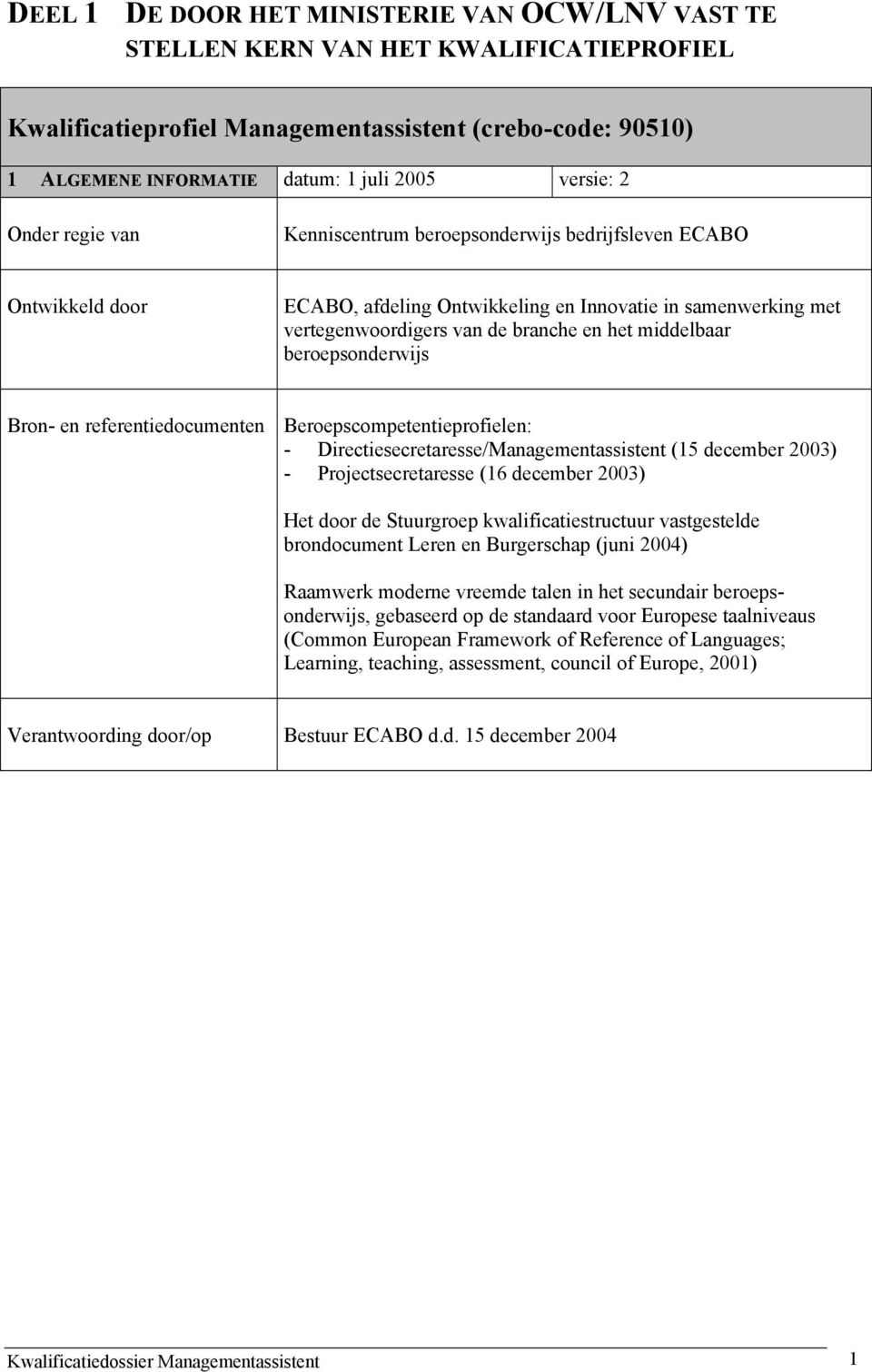 beroepsonderwijs Bron- en referentiedocumenten Beroepscompetentieprofielen: - Directiesecretaresse/Managementassistent (15 december 2003) - Projectsecretaresse (16 december 2003) Het door de