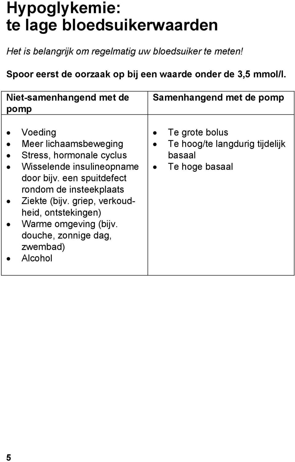 Niet-samenhangend met de pomp Samenhangend met de pomp Voeding Meer lichaamsbeweging Stress, hormonale cyclus Wisselende