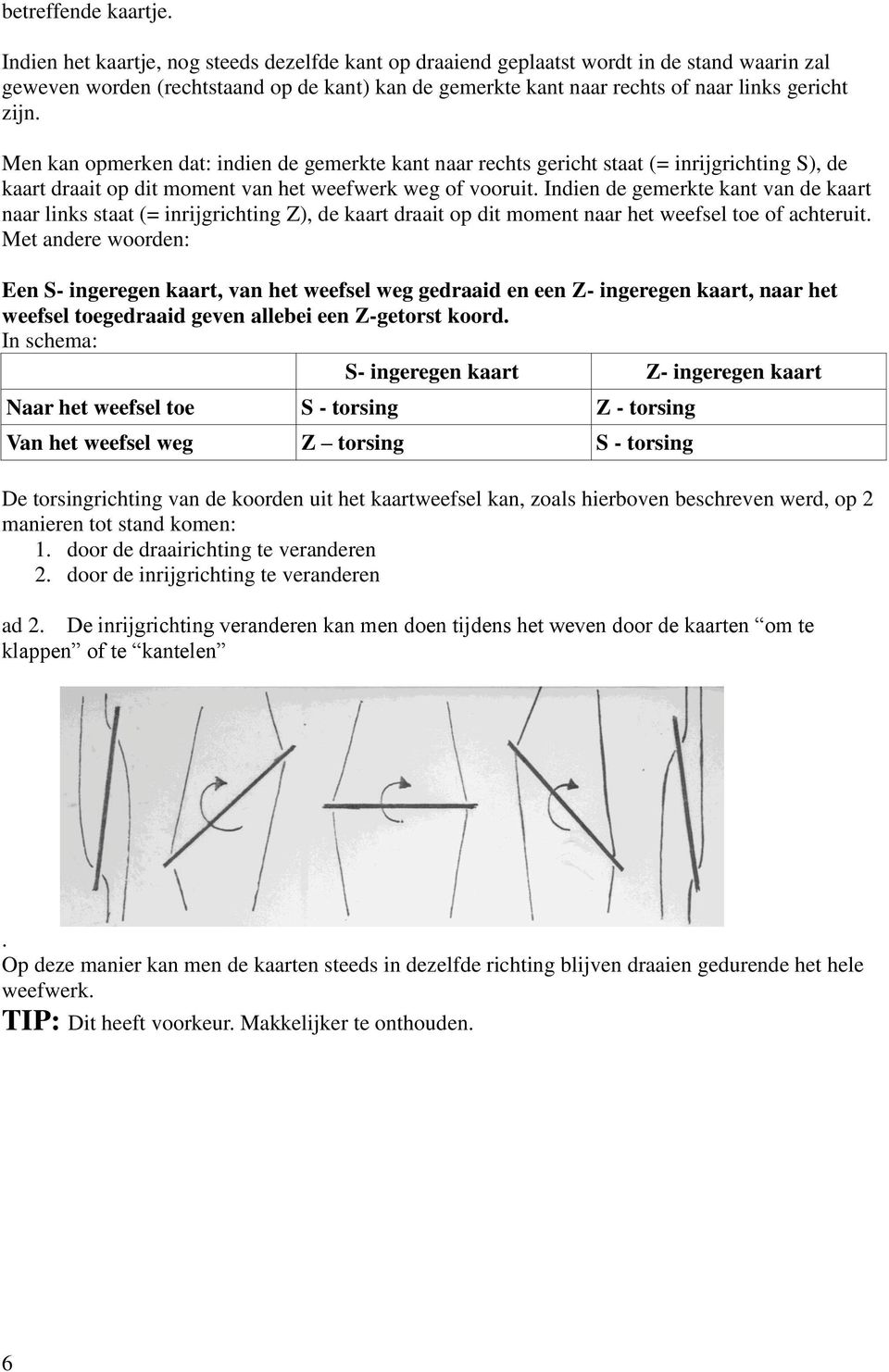 Men kan opmerken dat: indien de gemerkte kant naar rechts gericht staat (= inrijgrichting S), de kaart draait op dit moment van het weefwerk weg of vooruit.