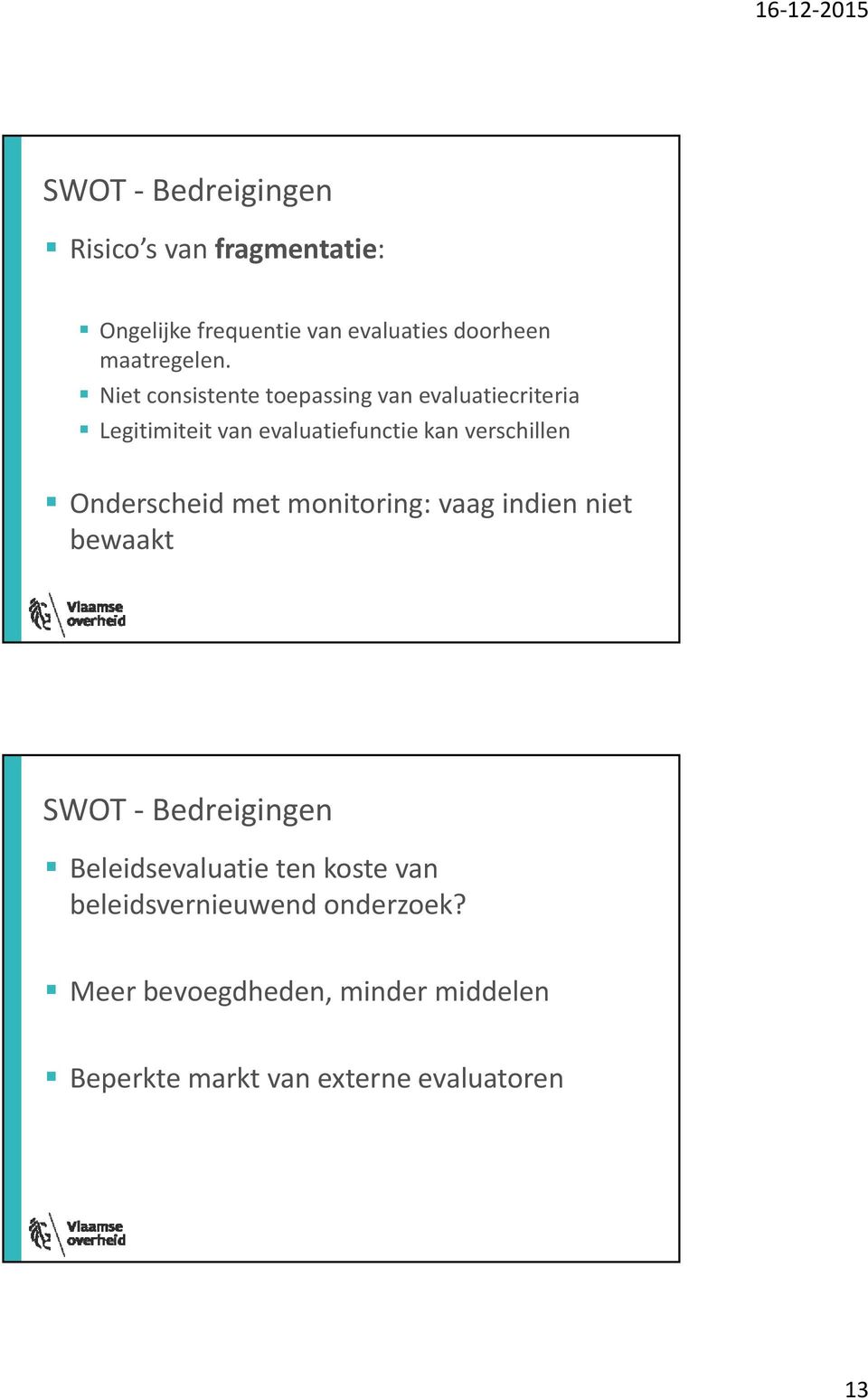 Onderscheid met monitoring: vaag indien niet bewaakt SWOT Bedreigingen Beleidsevaluatie ten koste van