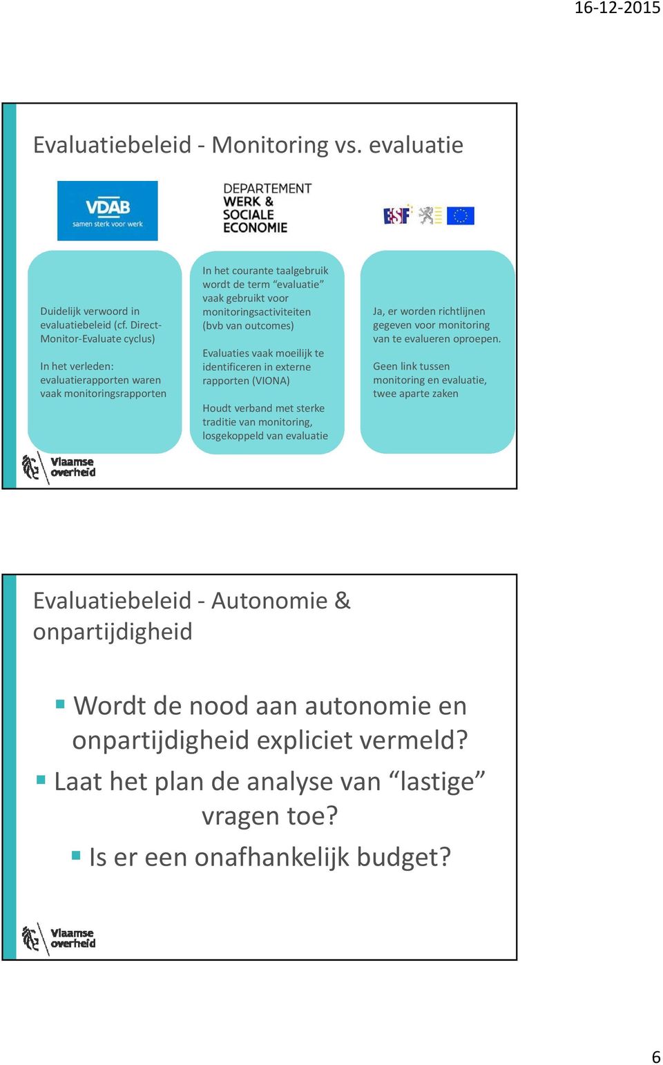 monitoringsactiviteiten (bvb van outcomes) Evaluaties vaak moeilijk te identificeren in externe rapporten (VIONA) Houdt verband met sterke traditie van monitoring, losgekoppeld van evaluatie