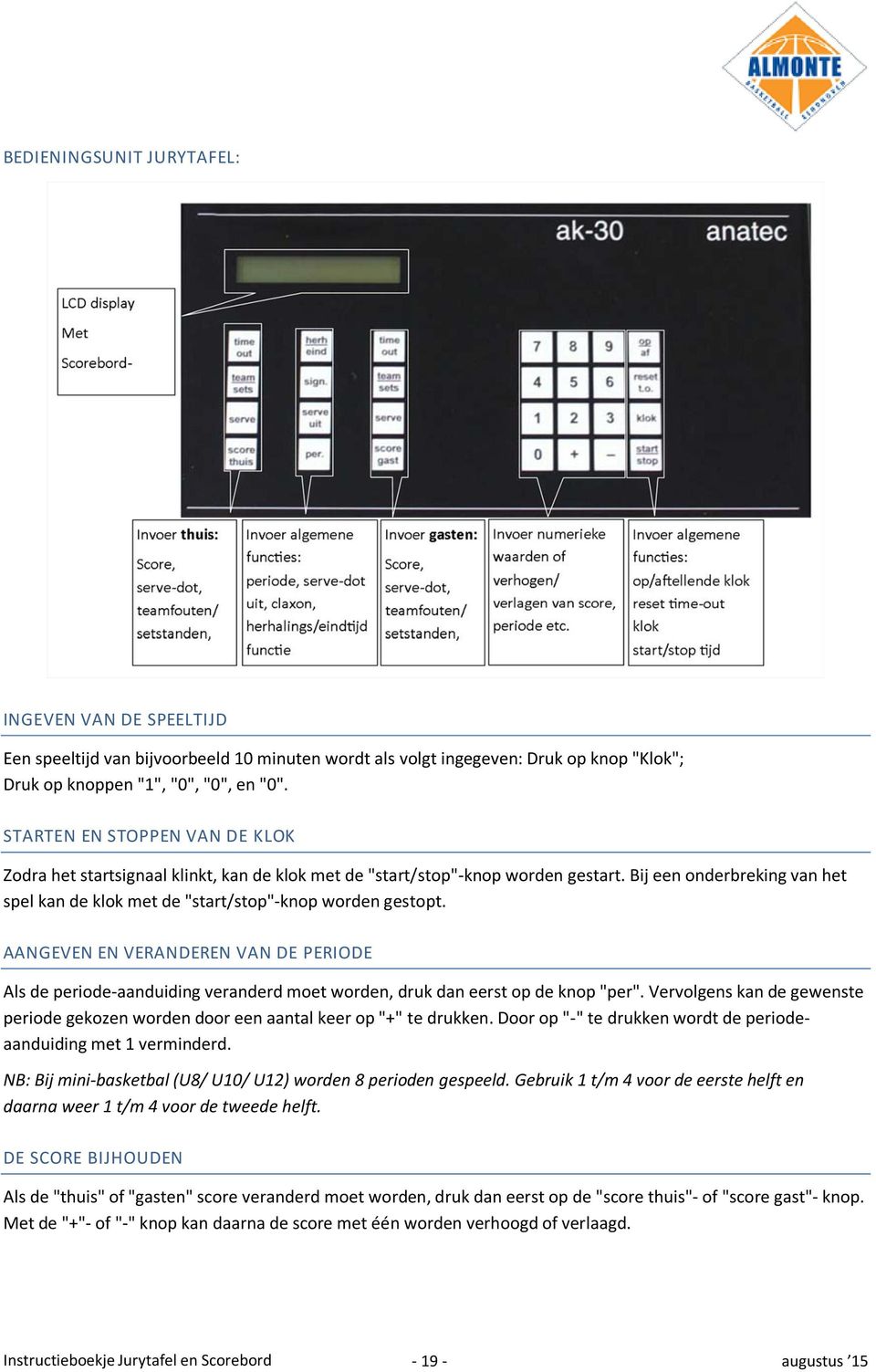 Bij een onderbreking van het spel kan de klok met de "start/stop"-knop worden gestopt.