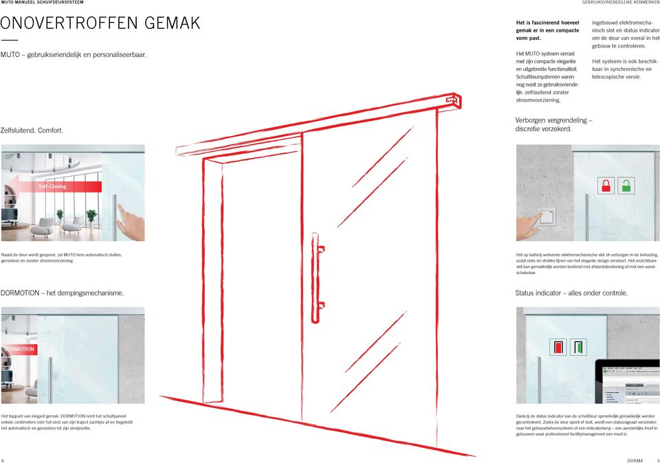 Schuifdeursystemen waren nog nooit zo gebruiksvriendelijk: zelfsluitend zonder stroomvoorziening, GEBRUIKSVRIENDELIJKE KENMERKEN ingebouwd elektromechanisch slot en status indicator om de deur van