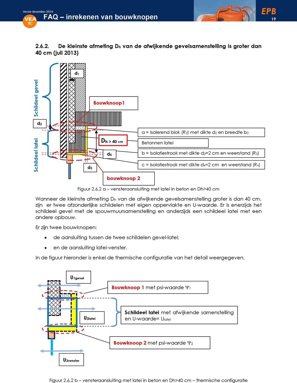 6.2. De kleinste afmeting Dh van de afwijkende gevelsamenstelling is groter dan 40 cm (juli 2013) d1 Bouwknoop1 d2 a = Isolerend blok (R2) met dikte d2 en breedte b2 Dh > 40 cm d4 Betonnen latei b =