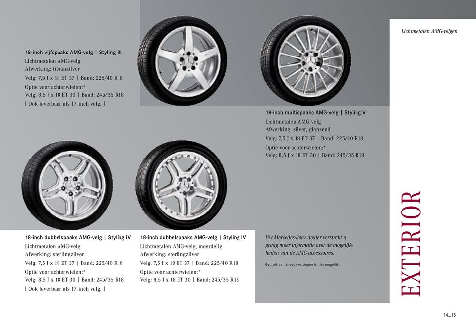 18-inch multispaaks AMG-velg Styling V Lichtmetalen AMG velg Afwerking: zilver, glanzend Velg: 7,5 J x 18 ET 37 Band: 225/40 R18 Optie voor achterwielen:* Velg: 8,5 J x 18 ET 30 Band: 245/35 R18