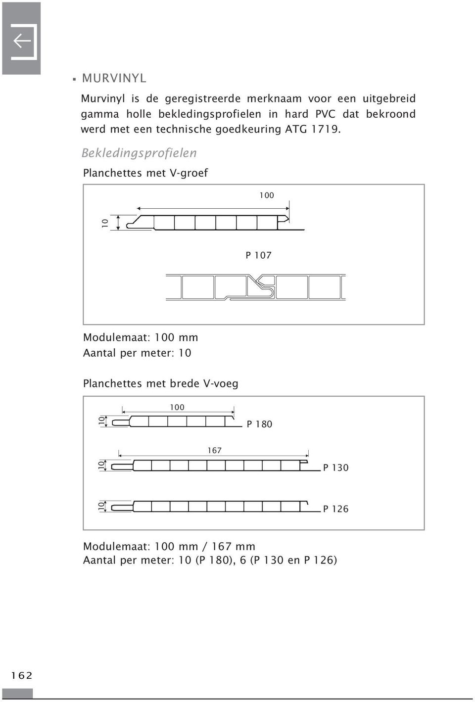 Bekledingsprofielen Planchettes met V-groef 100 10 P 107 Modulemaat: 100 mm Aantal per meter: 10