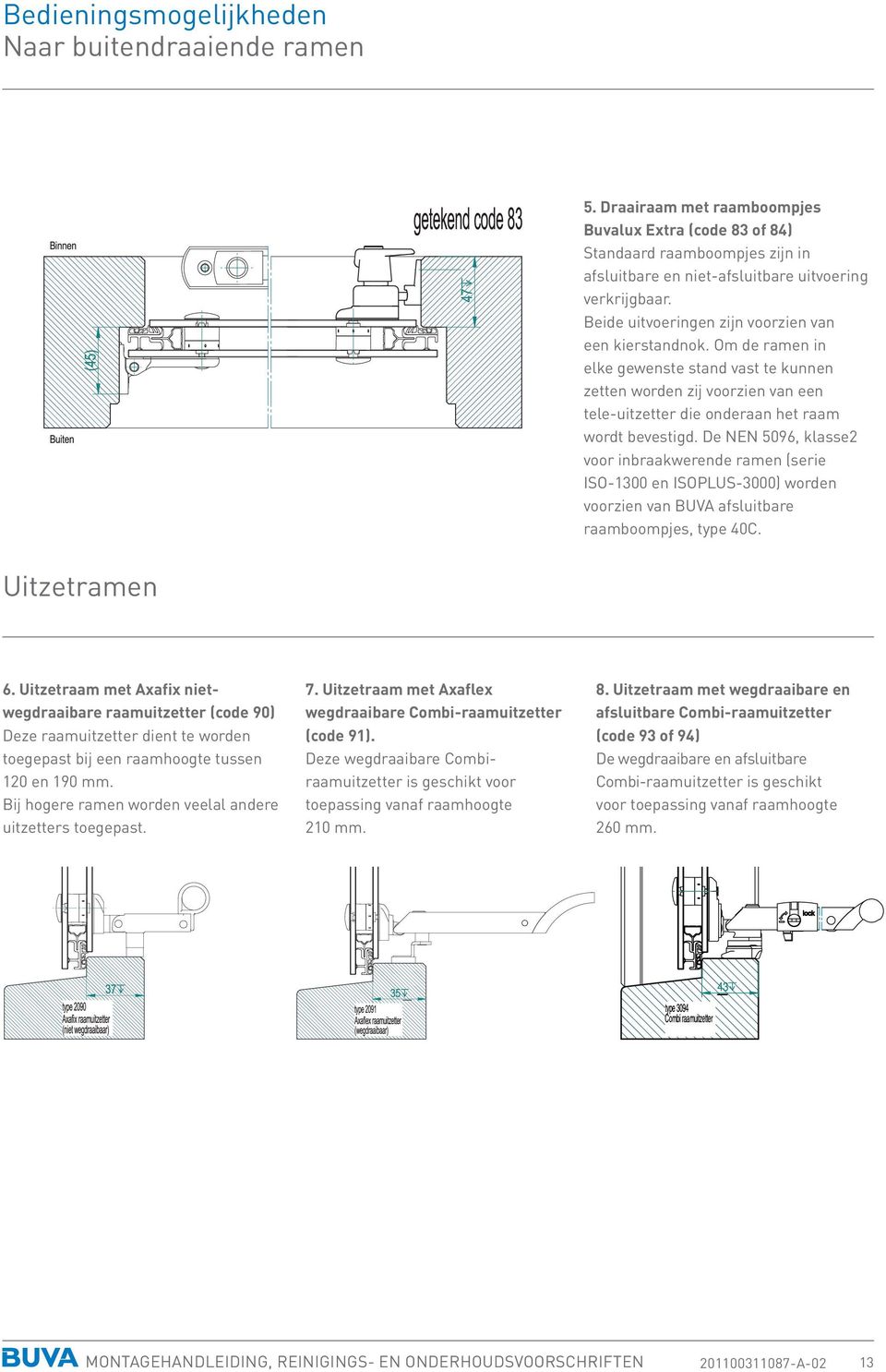 De NEN 5096, klasse2 voor inbraakwerende ramen (serie ISO-1300 en ISOPLUS-3000) worden voorzien van BUVA afsluitbare raamboompjes, type 40C. Uitzetramen 6.