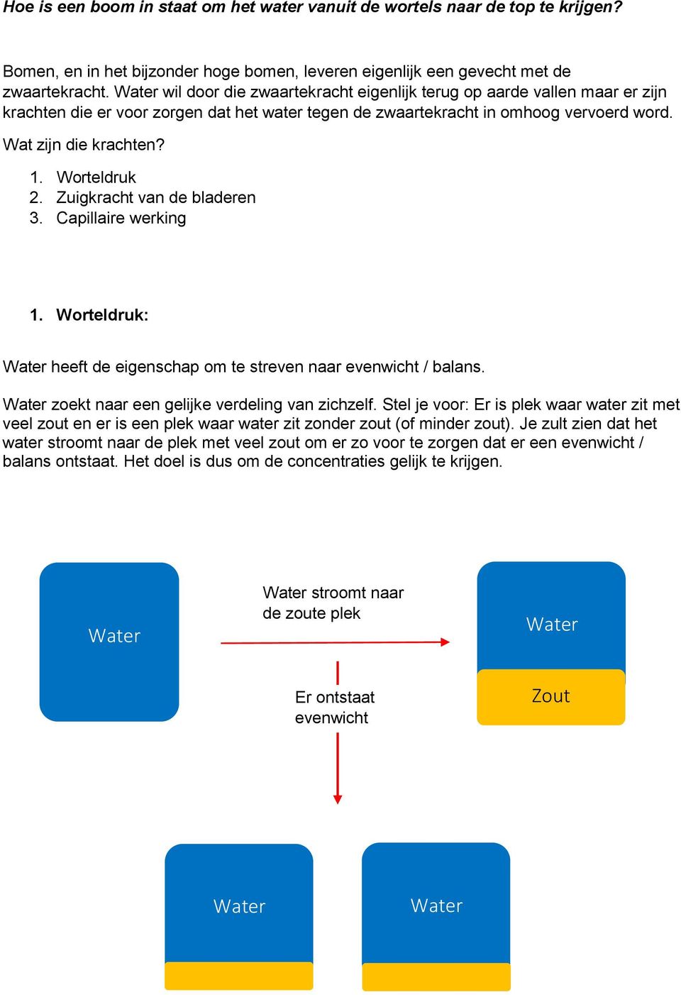 Zuigkracht van de bladeren 3. Capillaire werking 1. Worteldruk: heeft de eigenschap om te streven naar evenwicht / balans. zoekt naar een gelijke verdeling van zichzelf.