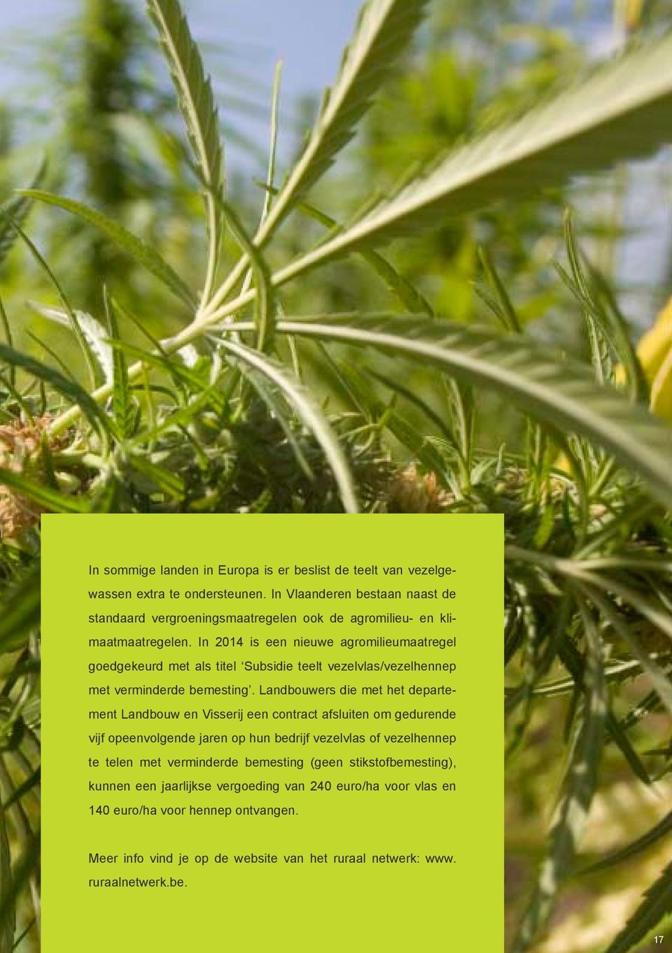 In 2014 is een nieuwe agromilieumaatregel goedgekeurd met als titel Subsidie teelt vezelvlas/vezelhennep met verminderde bemesting.