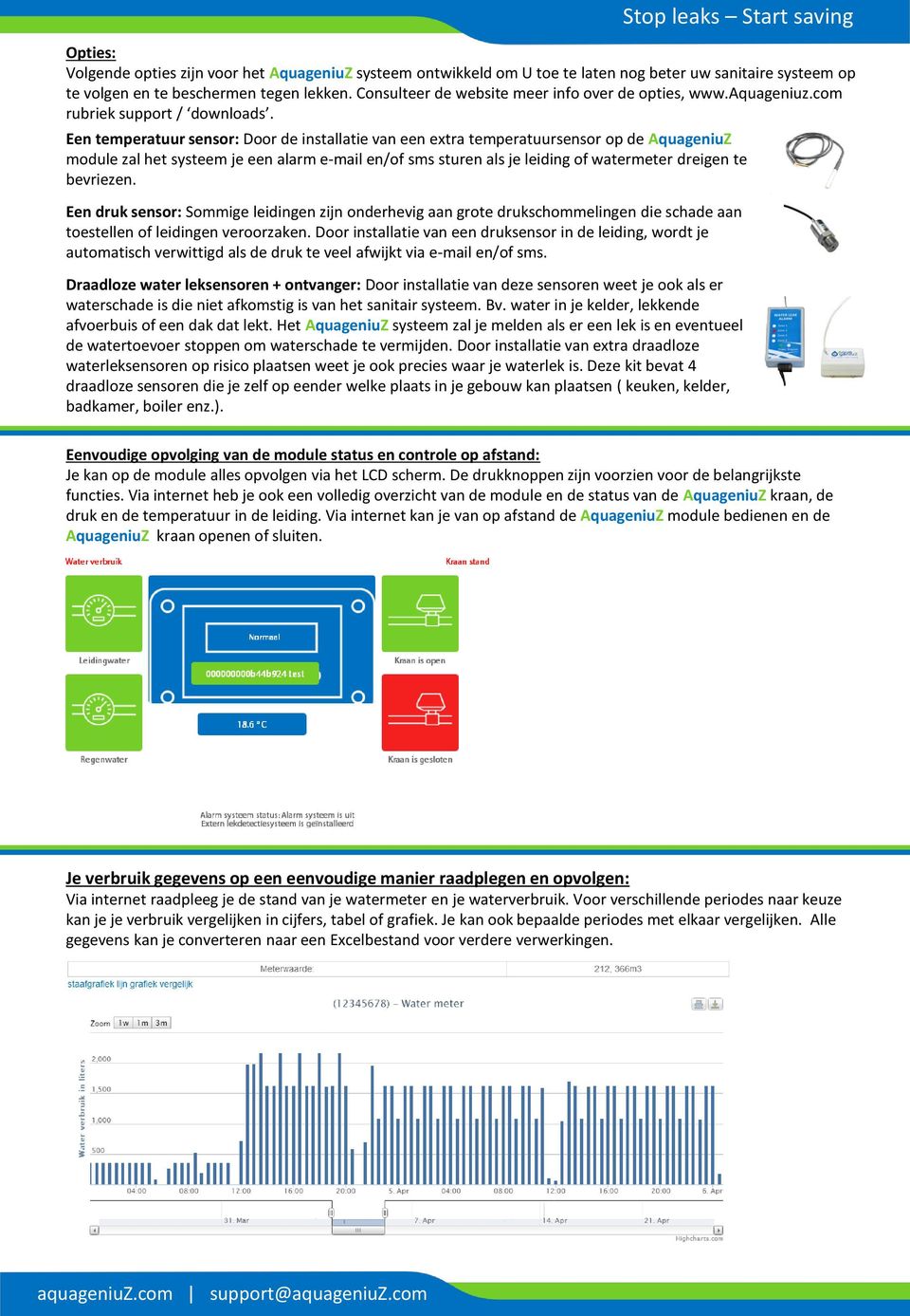 Een temperatuur sensor: Door de installatie van een extra temperatuursensor op de AquageniuZ module zal het systeem je een alarm e-mail en/of sms sturen als je leiding of watermeter dreigen te