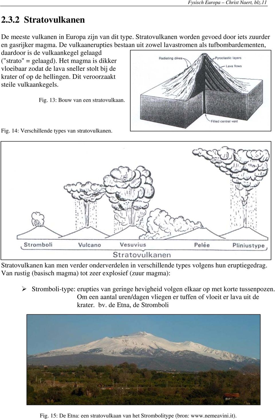 Het magma is dikker vloeibaar zodat de lava sneller stolt bij de krater of op de hellingen. Dit veroorzaakt steile vulkaankegels. Fig. 13: Bouw van een stratovulkaan. Fig. 14: Verschillende types van stratovulkanen.