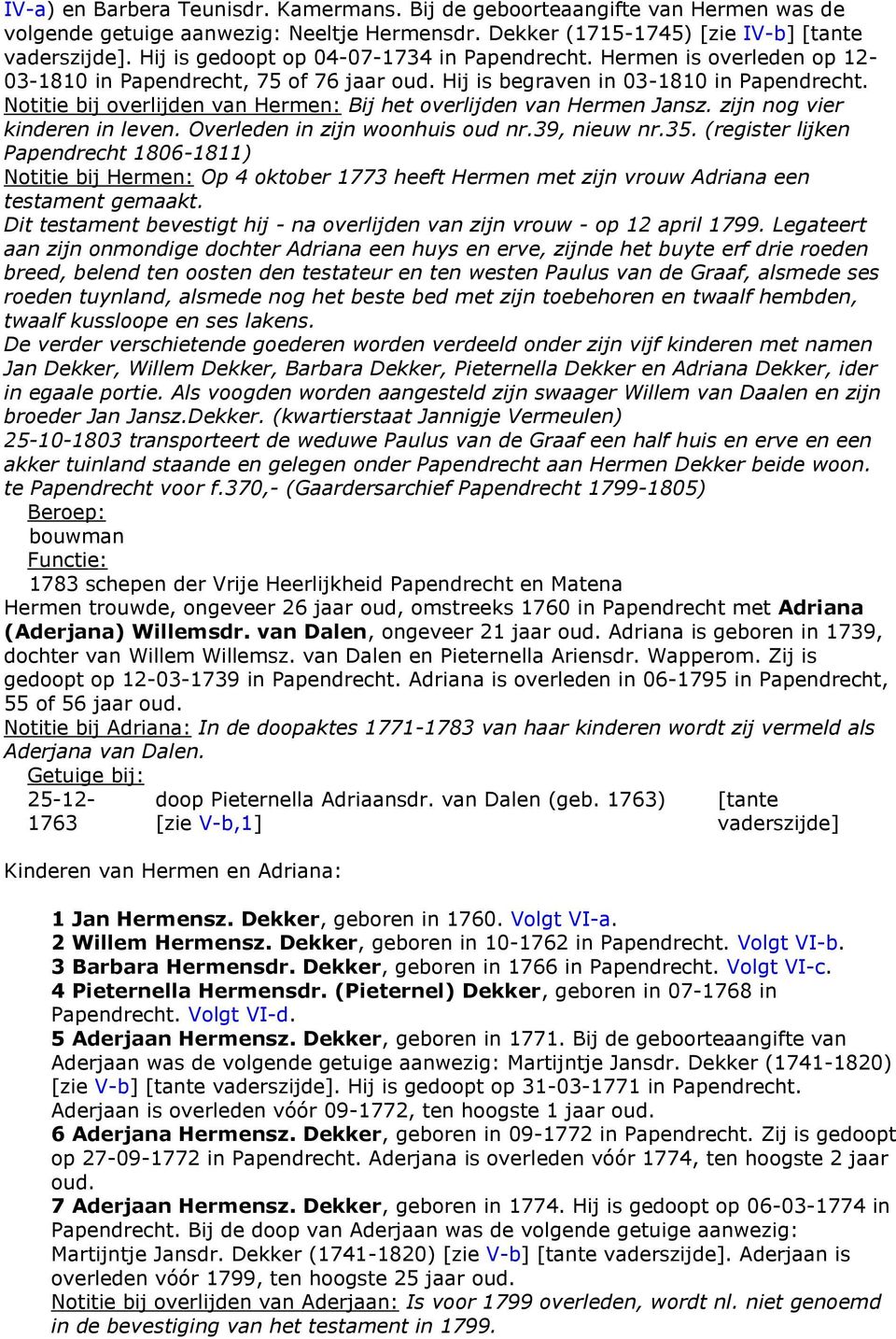 Notitie bij overlijden van Hermen: Bij het overlijden van Hermen Jansz. zijn nog vier kinderen in leven. Overleden in zijn woonhuis oud nr.39, nieuw nr.35.