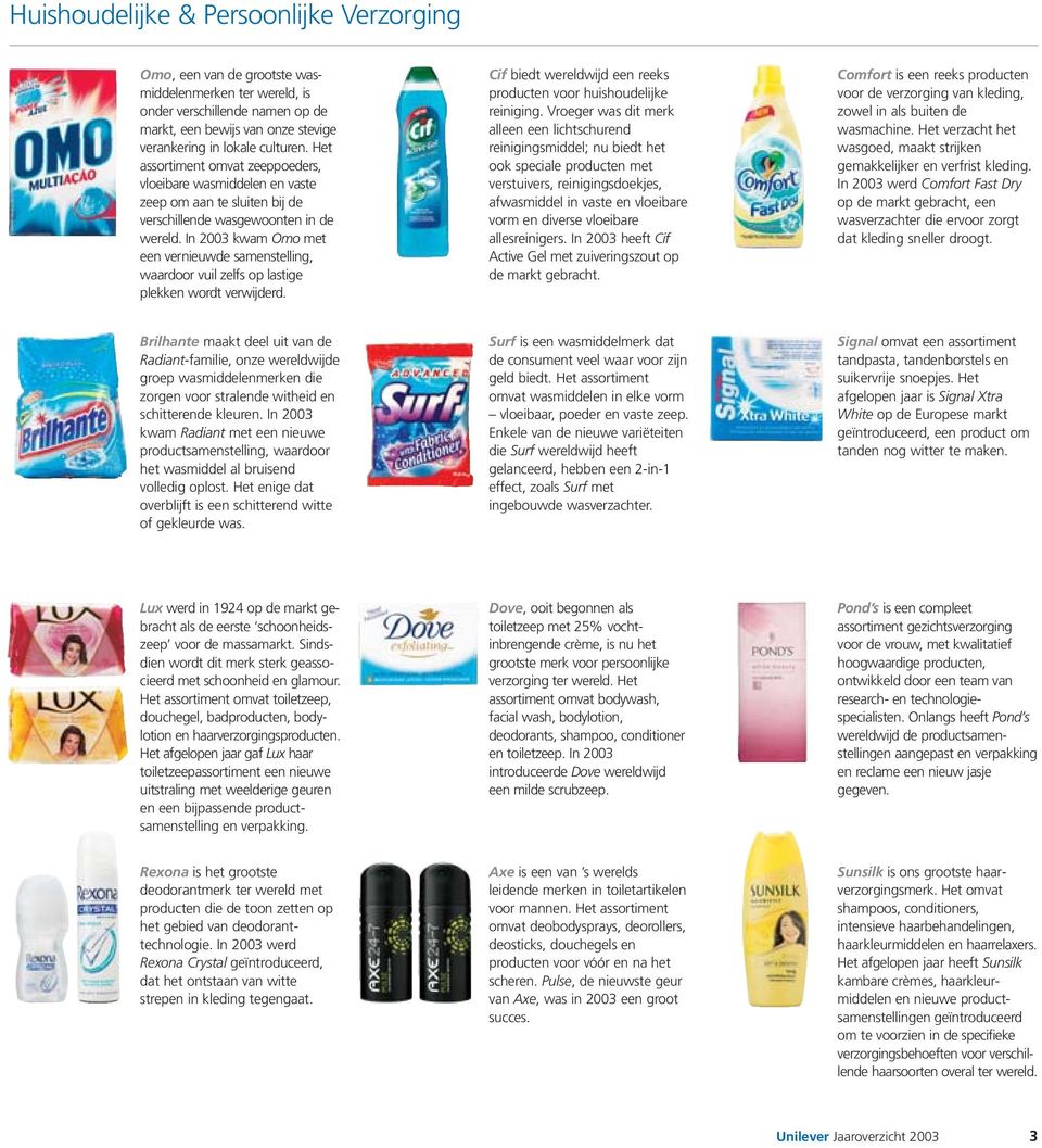 In 2003 kwam Omo met een vernieuwde samenstelling, waardoor vuil zelfs op lastige plekken wordt verwijderd. Cif biedt wereldwijd een reeks producten voor huishoudelijke reiniging.
