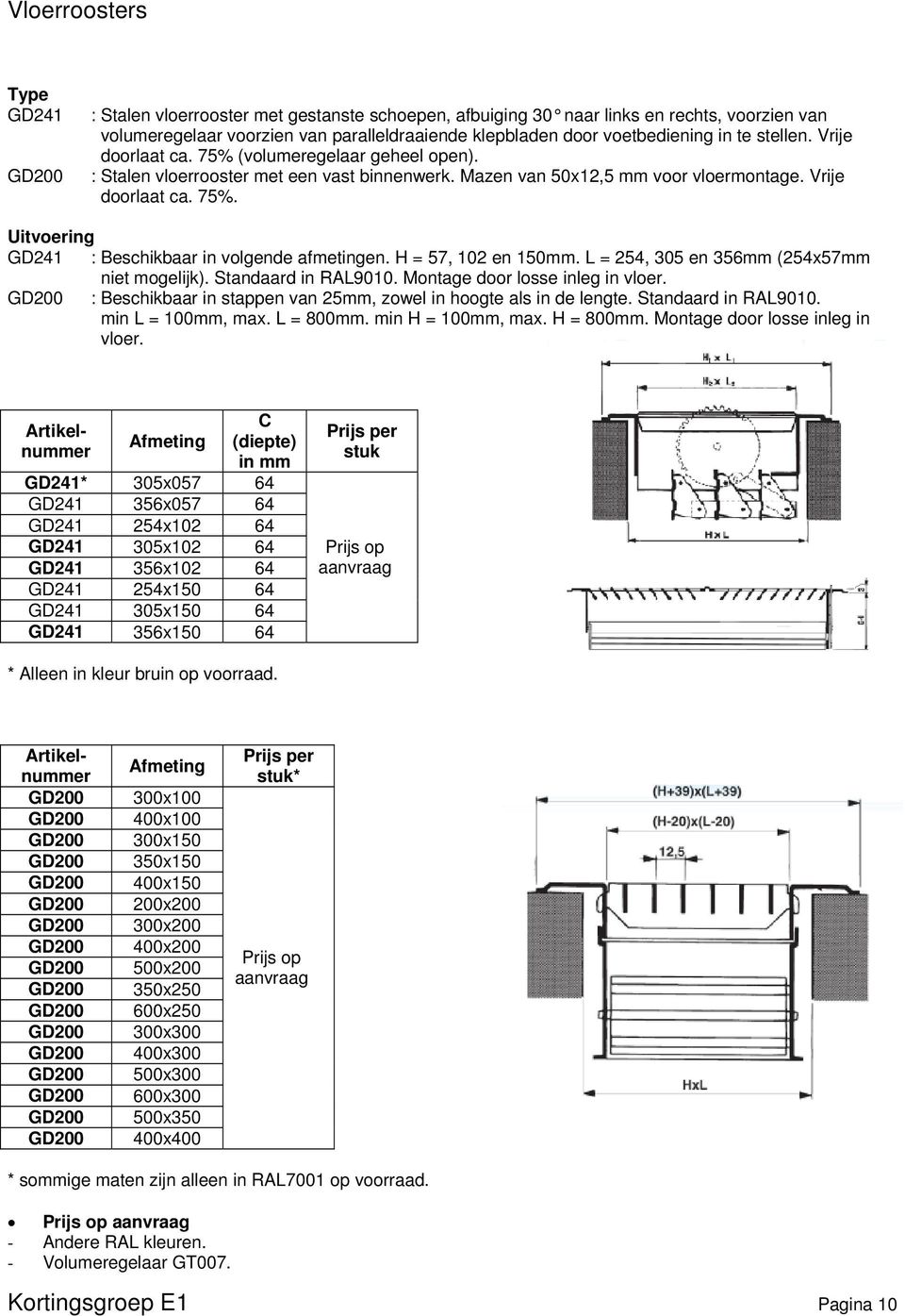 H = 57, 102 en 150mm. L = 254, 305 en 356mm (254x57mm niet mogelijk). Standaard in RAL9010. Montage door losse inleg in vloer. : Beschikbaar in stappen van 25mm, zowel in hoogte als in de lengte.