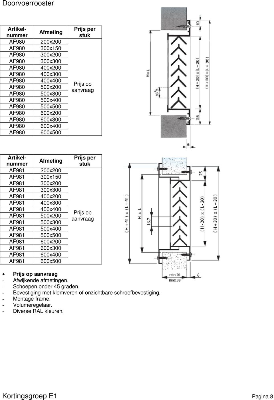 600x200 600x300 600x400 600x500 - Afwijkende afmetingen. - Schoepen onder 45 graden.