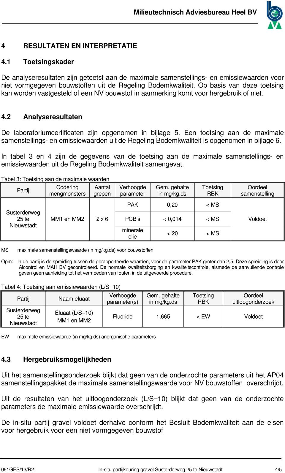 Een toetsing aan de maximale samenstellings- en emissiewaarden uit de Regeling Bodemkwaliteit is opgenomen in bijlage 6.