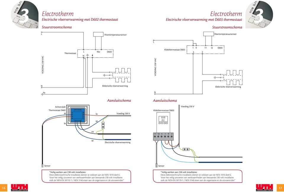 Klokthermostaat D60 0:8 0. Voeding 0 V zw 4 9 bl Electrische vloerverwarming Sensor Deze elektrotechnische installaties dienen te voldoen aan de E 00 deel 6.